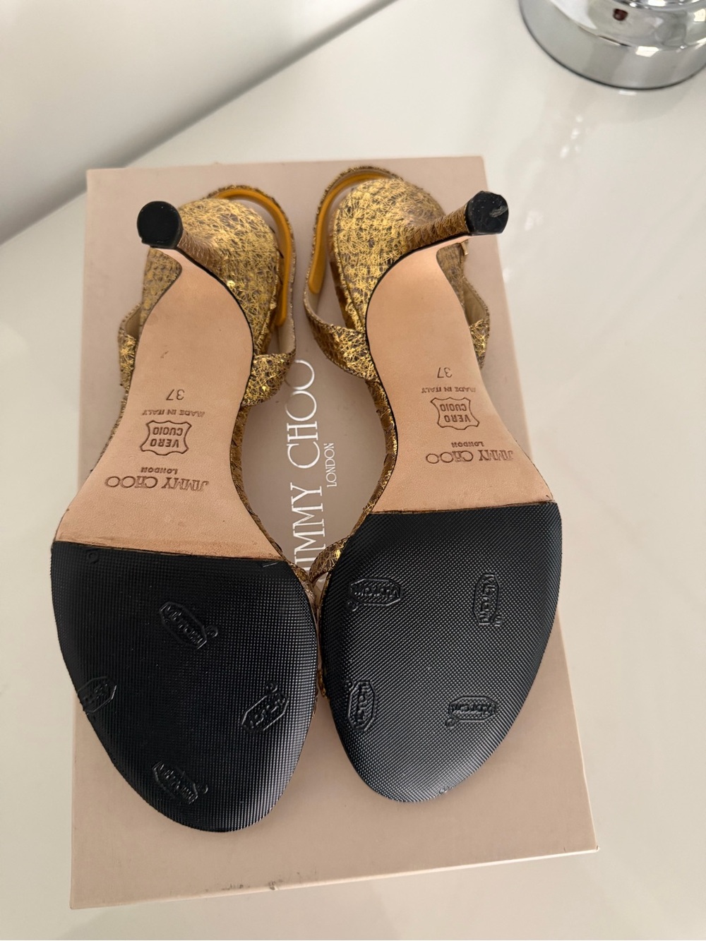 Jimmy Choo Metallic Gold Strappy High Heel Sandals